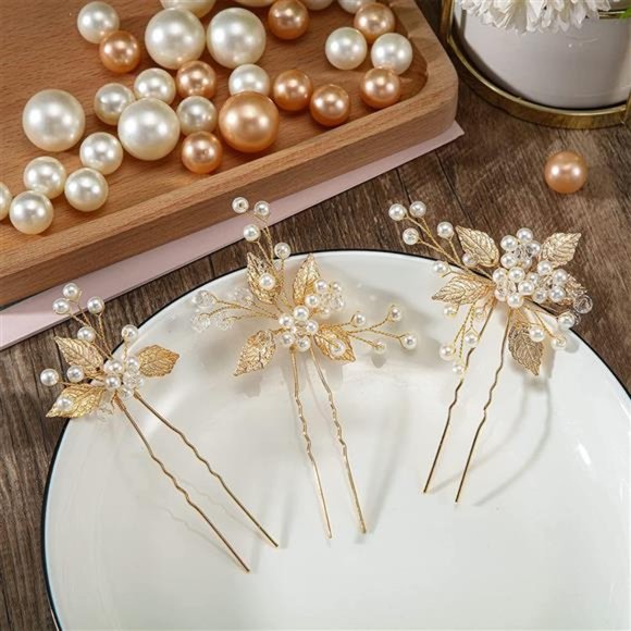 6 Pieces Wedding Pearl Hair Pins Bridal Leaf Head Piece Pearl Hair Flower